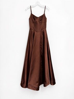 Lina Satin Cowl Neck Dress in Brown